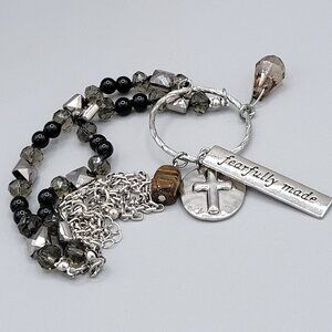 Silver Tone & Black Beaded Necklace With Cross & Fearfully Made Pendants 24"